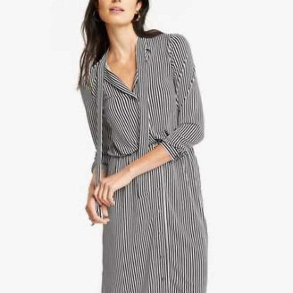 Ann Taylor Sz S Black White Striped Button Down Long Sleeve Dress